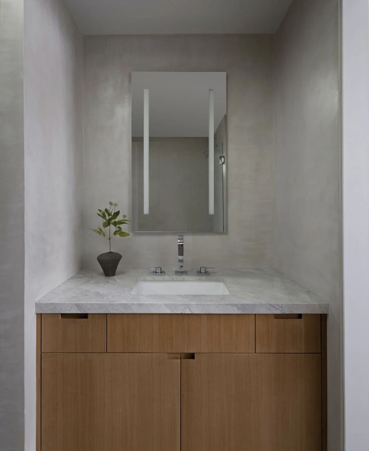 Bathroom vanity with a wooden cabinet, marble countertop, sink, and a mirror with built-in vertical lights, decorated with a small potted plant.
