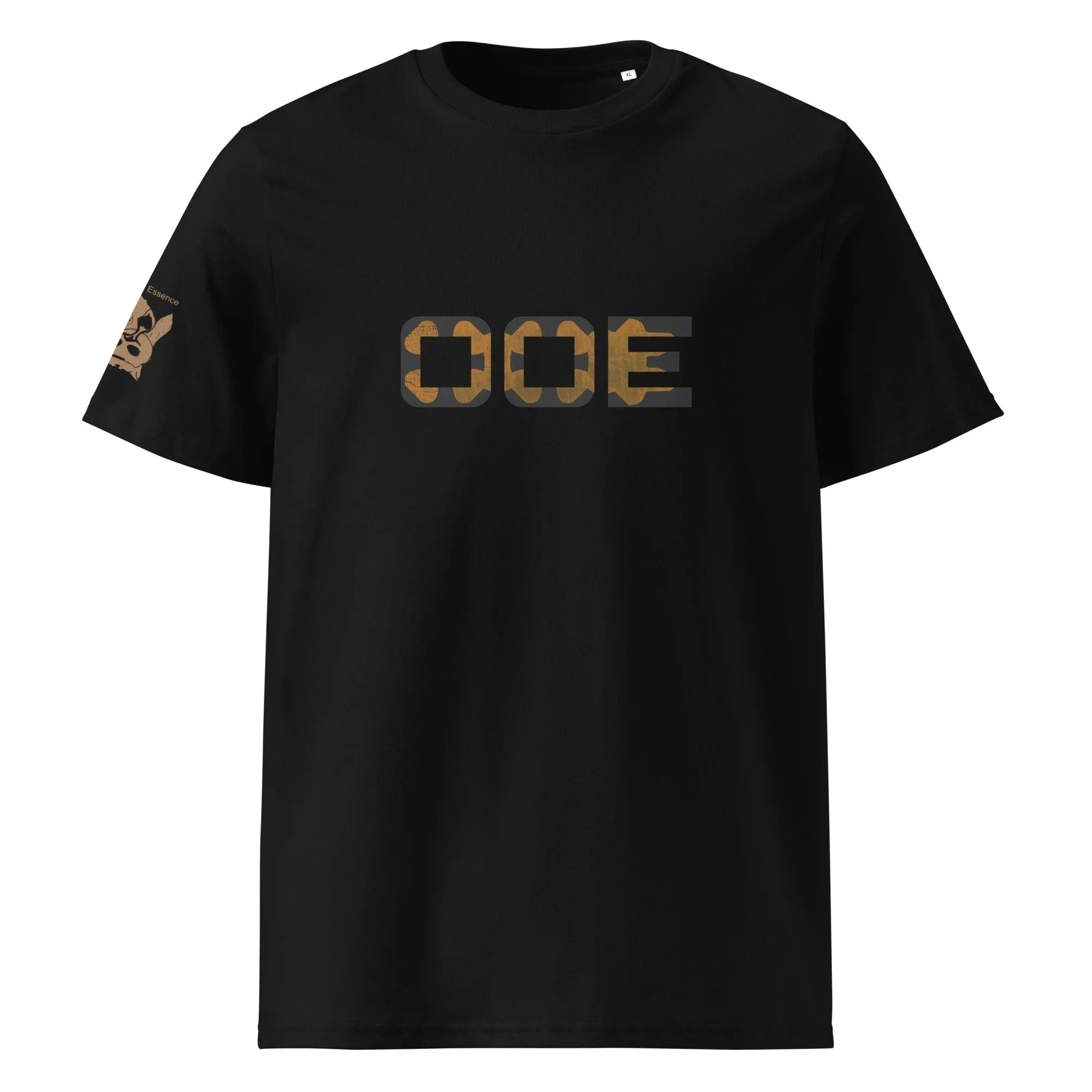 Black T-shirt with a design of the word 'CODE' in stylized block letters on the front and a small graphic on the sleeve.