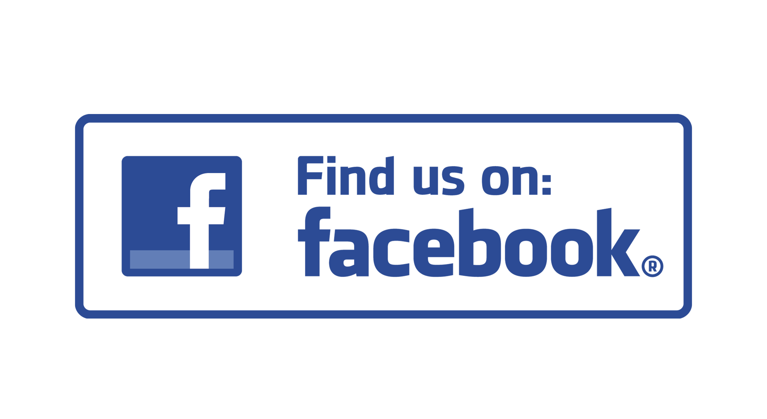 Facebook logo with the text "Find us on: facebook" inside a rectangular outline.