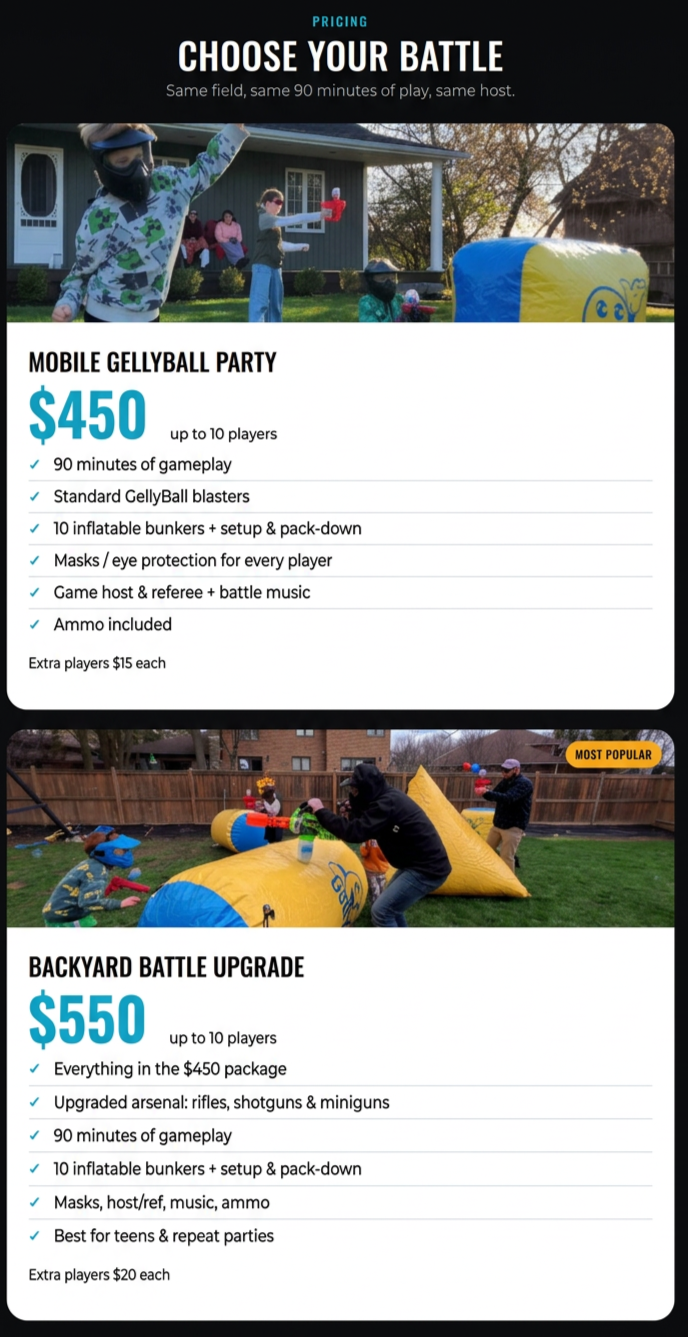 Two battle game packages offered for children's outdoor activities. The first is a Mobile Gellyball Party costing $450 for up to 10 players, including gameplay, blasters, bunkers, masks, game host, music, and ammo. Extra players are $15 each. The second is a Backyard Battle Upgrade costing $550, which includes everything from the first package plus upgraded weaponry, for up to 10 players, suitable for teens and repeat parties, with extra players at $20 each.