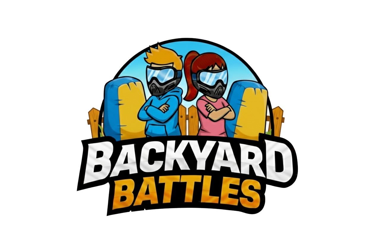Cartoon illustration of a man and woman in protective gear, wearing face masks, standing with crossed arms behind a fence, with the text 'BACKYARD BATTLES' below them.