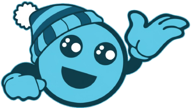 A cute cartoon blue snowball character wearing a blue and white winter knit hat, waving and smiling.