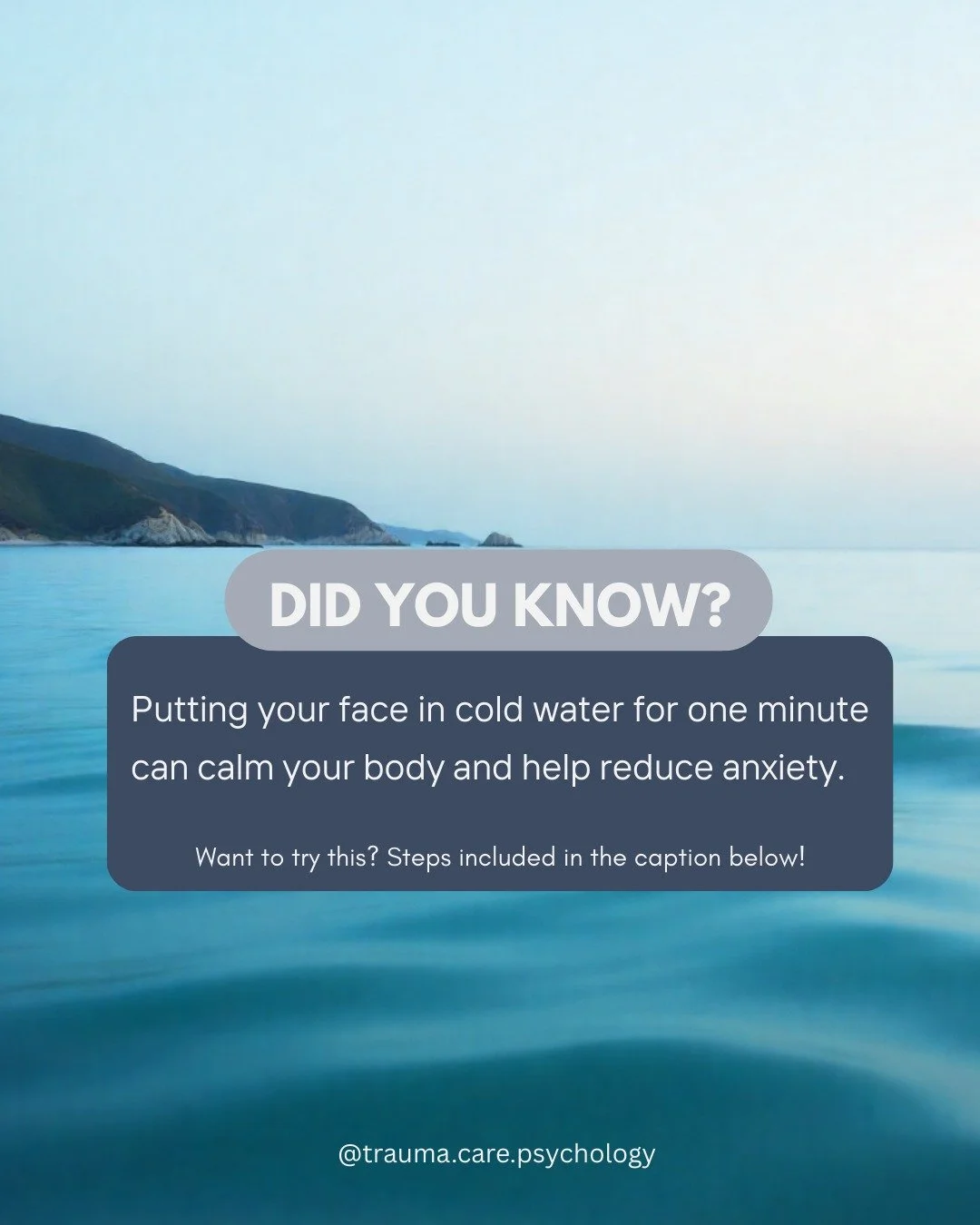If you&rsquo;re feeling high distress, anxiety or overwhelmed, try this exercise to help re-activate a more relaxed state to your nervous system:

1. Find a quiet, comfortable place.
2. Fill a bowl with clean, cold water (you can use tap water, the t