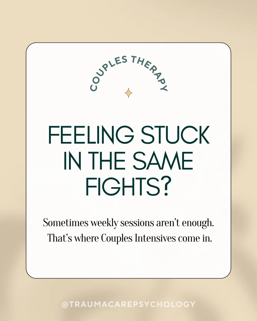 If you and your partner feel stuck in the same arguments or disconnected no matter how much you try to change it&hellip; a weekly session might not be enough.

That&rsquo;s why we offer Couples Intensives. Focused 4, 8, or 12-hour experiences, split 