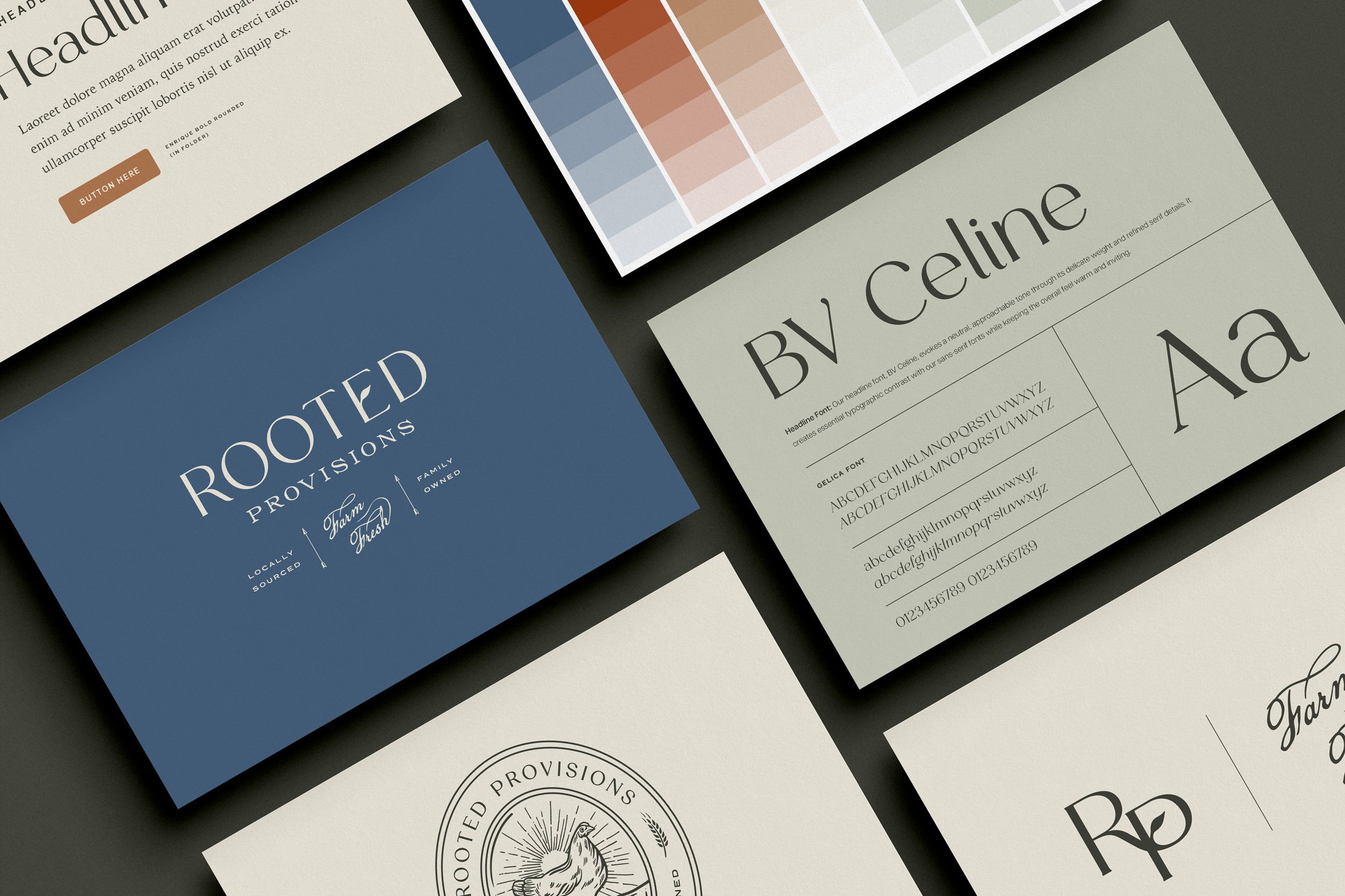 Close-up of various graphic design business cards and branding materials, illustration, brand design, identity design