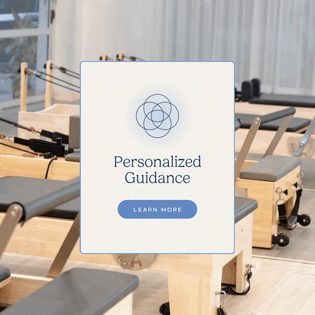 A sign inside a physical therapy or pilates studio offering personalized guidance, with a 'Learn More' button.