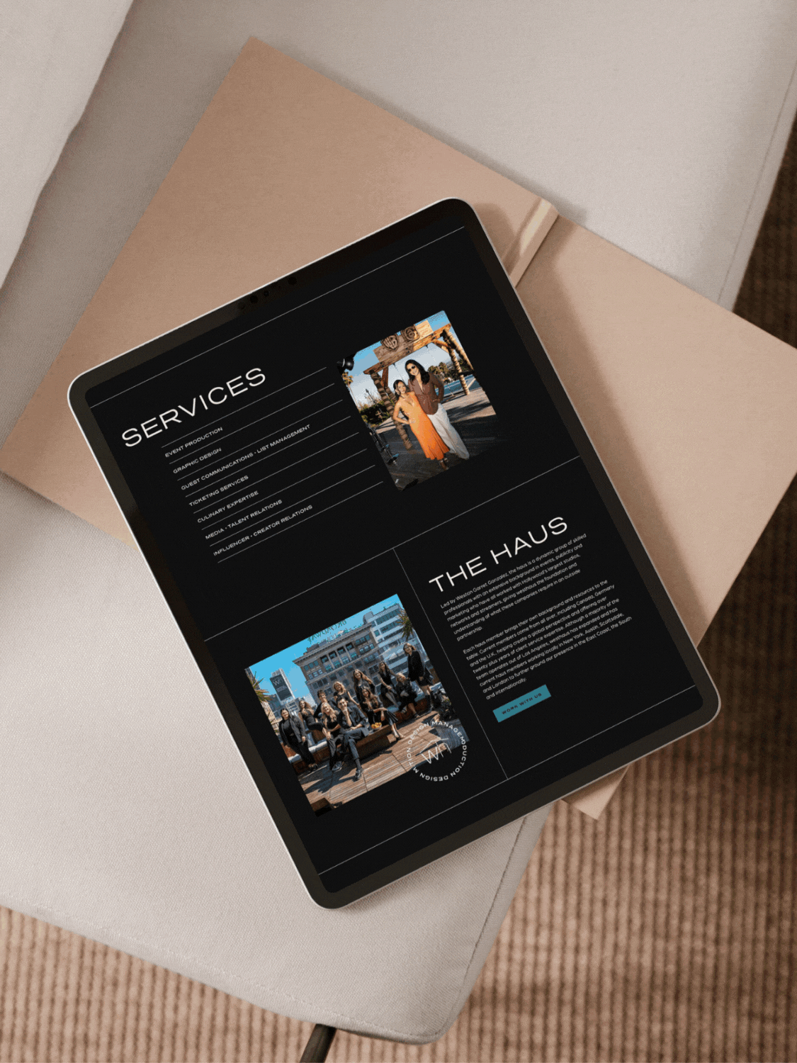 Tablet displaying a website about event services, with images and text describing the company's offerings and background.