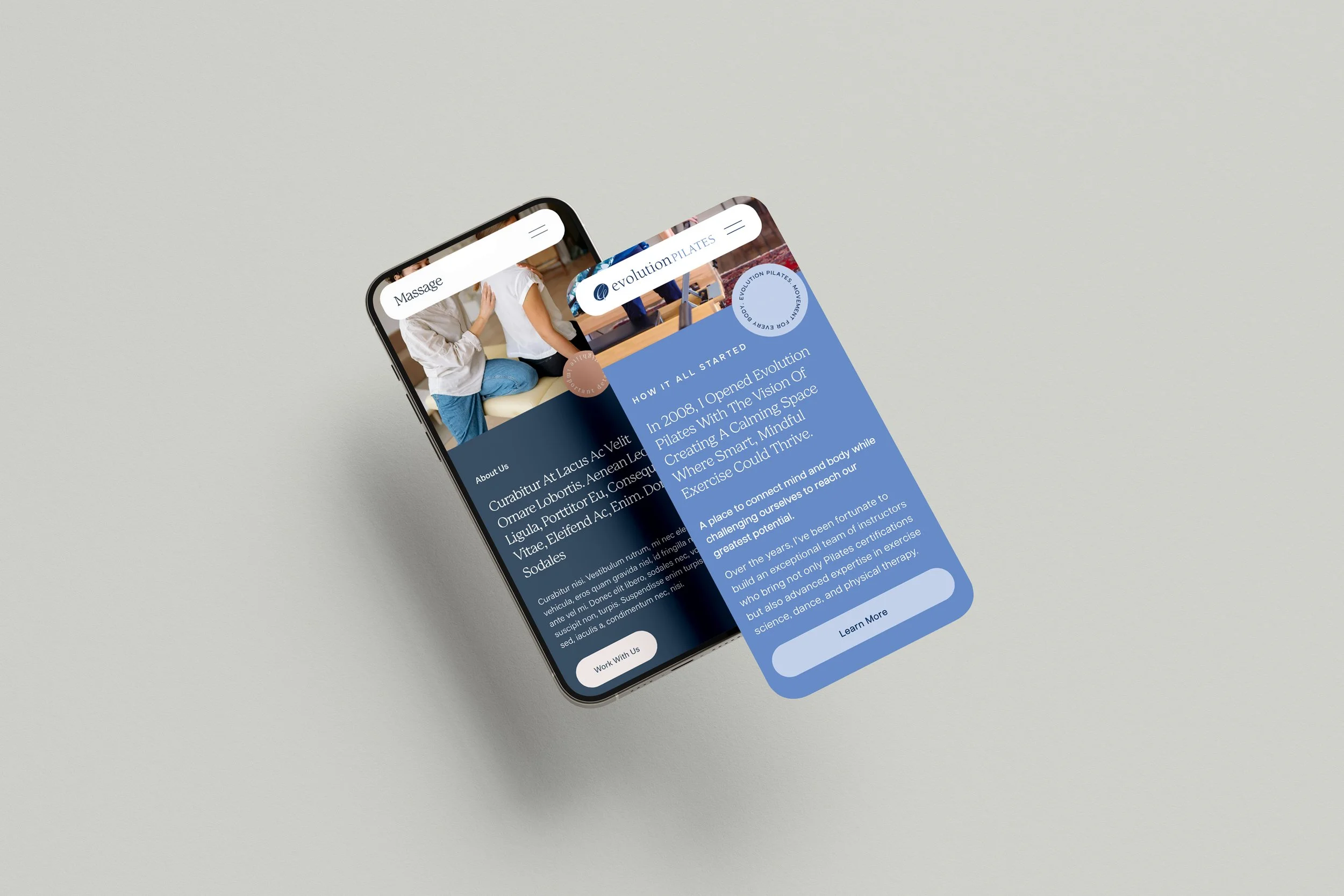 A smartphone displaying a website for Evolution Pilates with a blue background and white text, over a plain grey surface.