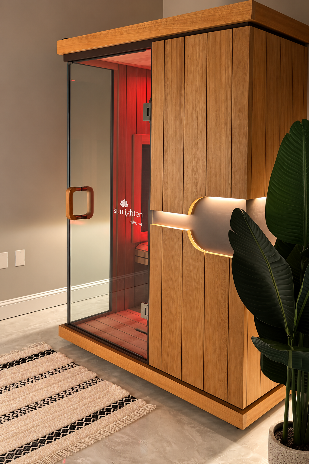 Sunlighten full-spectrum infrared sauna cabin with wood paneling and glass door at Hiller Wellness