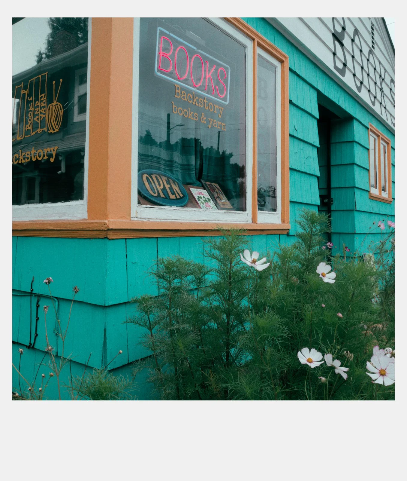 Exterior of a colorful bookstore called Backstory with turquoise siding, large window with neon sign reading 'BOOKS,' and flowers in the foreground.