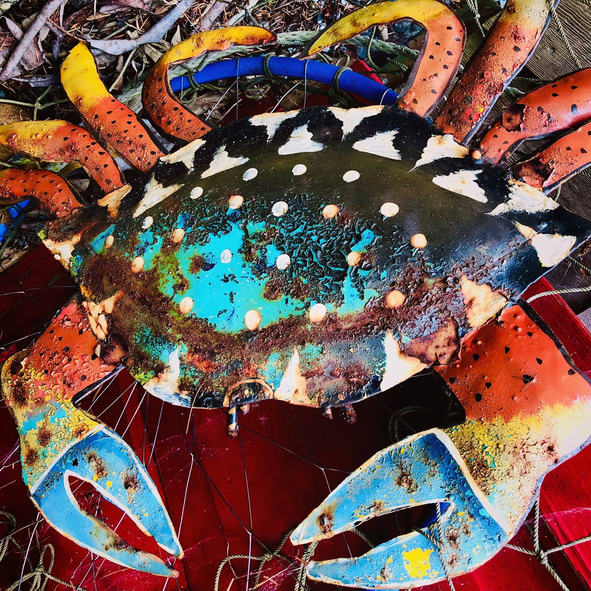 Close-up of a colorful, decorative lobster sculpture with shiny, textured surface, surrounded by metal mesh and optional fabric elements.
