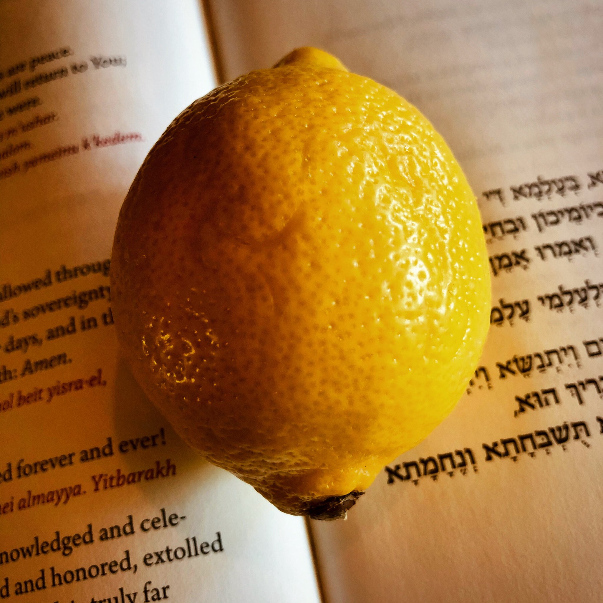 A yellow lemon placed on an open book page.