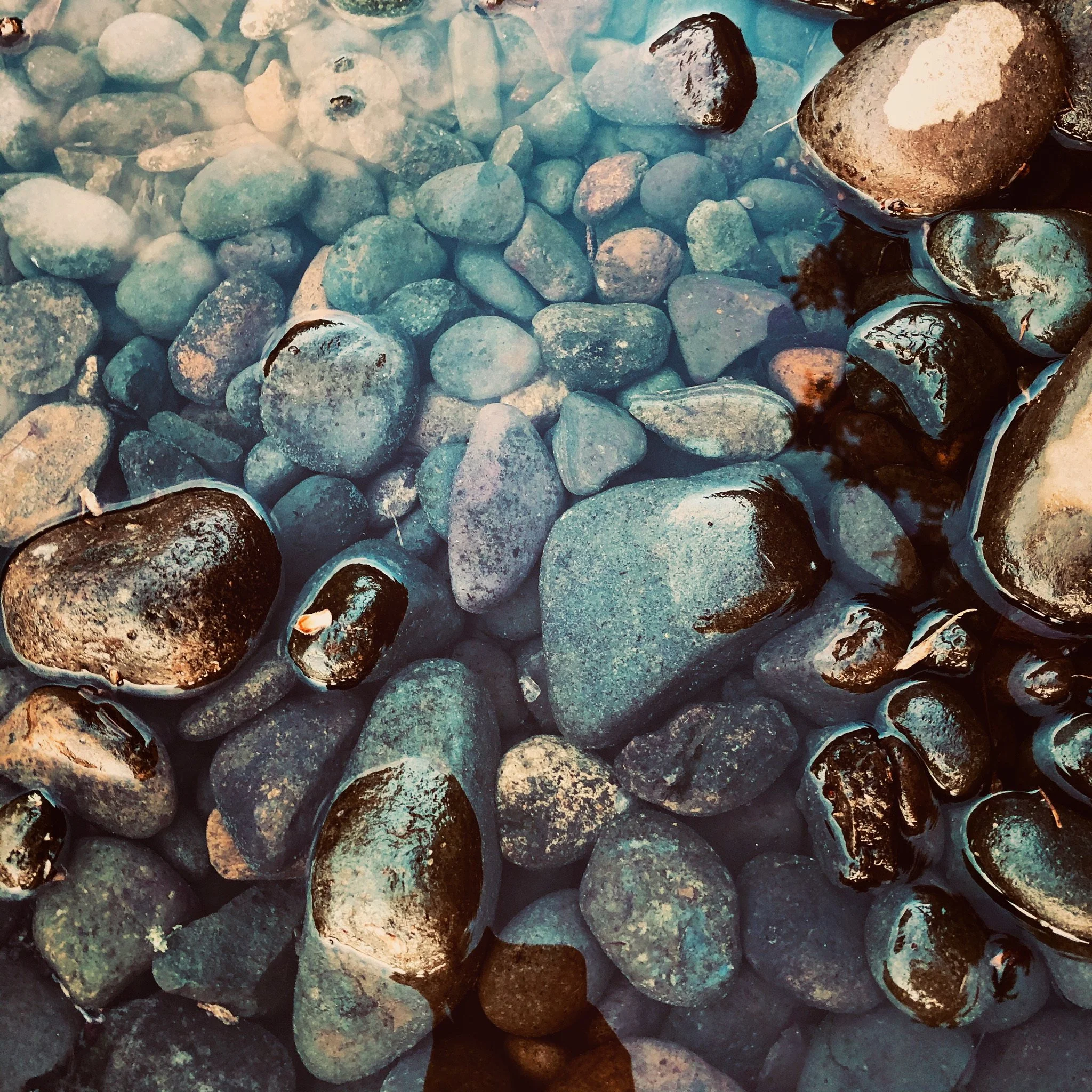 A close-up photograph of wet, rounded stones of various sizes and colors, partially submerged in water.