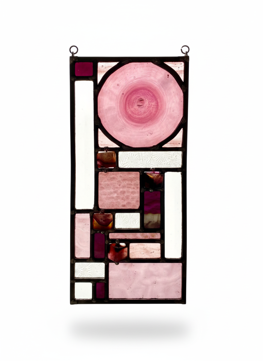 A stained glass art piece with various rectangular and circular glass sections in shades of pink, purple, and white, framed in black metal.