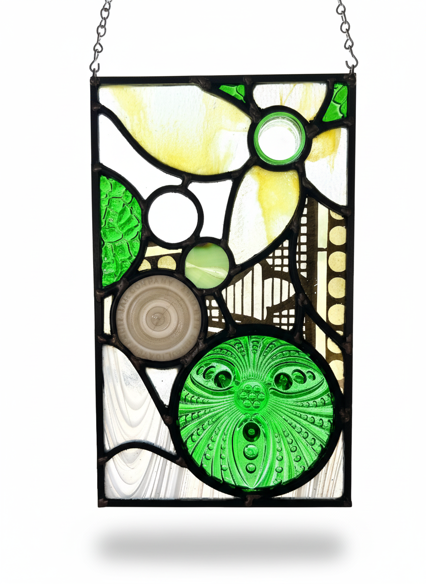 Stained glass art with green, yellow, white, and beige glass pieces, featuring circular and abstract patterns, hanging from a chain.