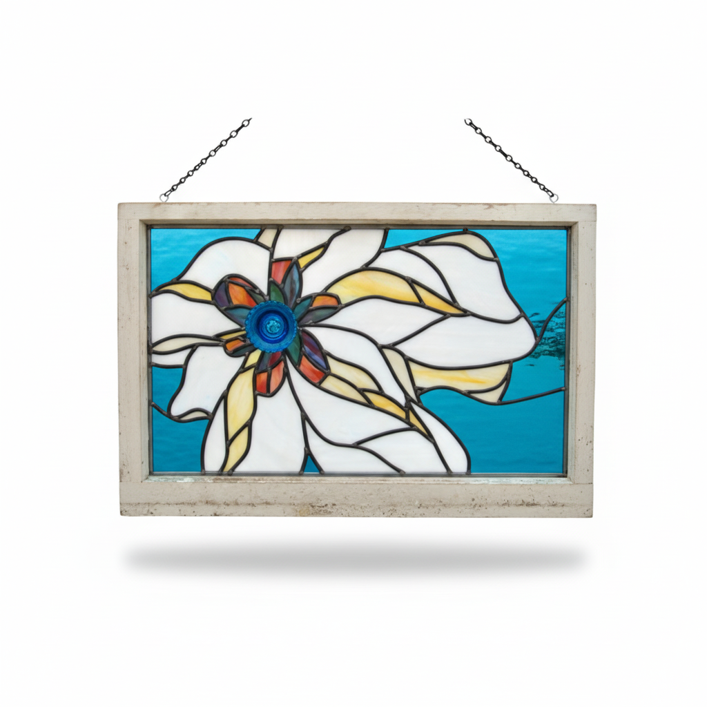 A stained glass window with a white lily flower, blue background, enclosed in a light wooden frame, hanging by two chains.