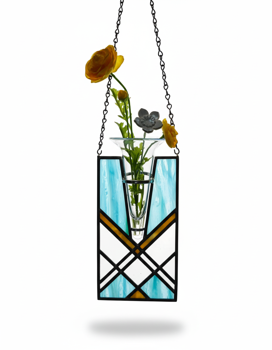 Stained glass hanging vase with yellow and black flowers inside