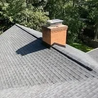View of a roof with a brick chimney and surrounding trees.