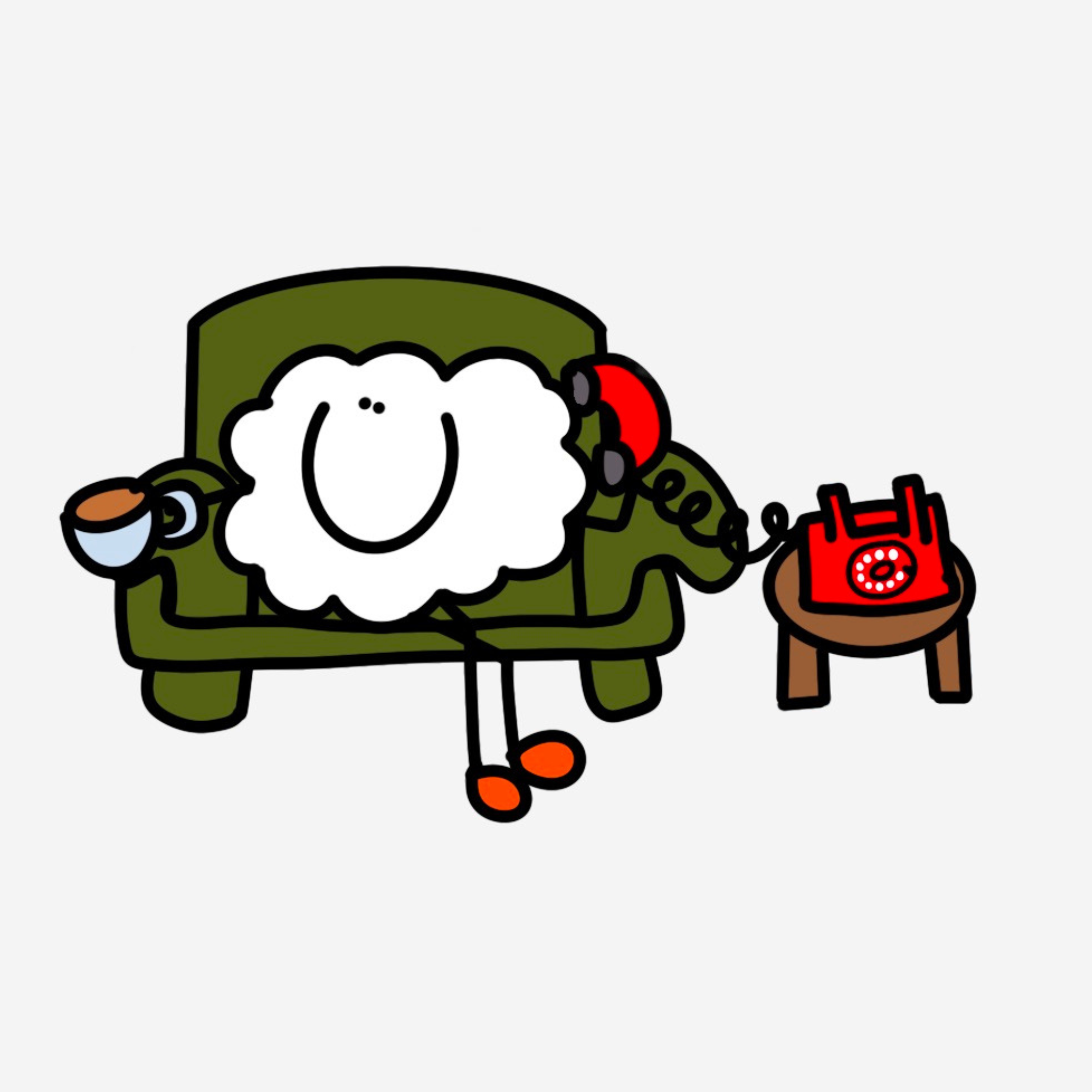Cartoon cloud sitting on a green couch, holding a cup, talking on a red rotary phone, with a happy expression.