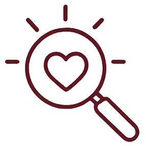 Icon of a magnifying glass with a heart inside.