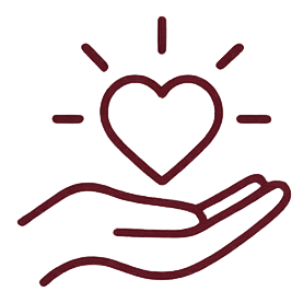 Icone of a hand holding a heart with rays of light above it.