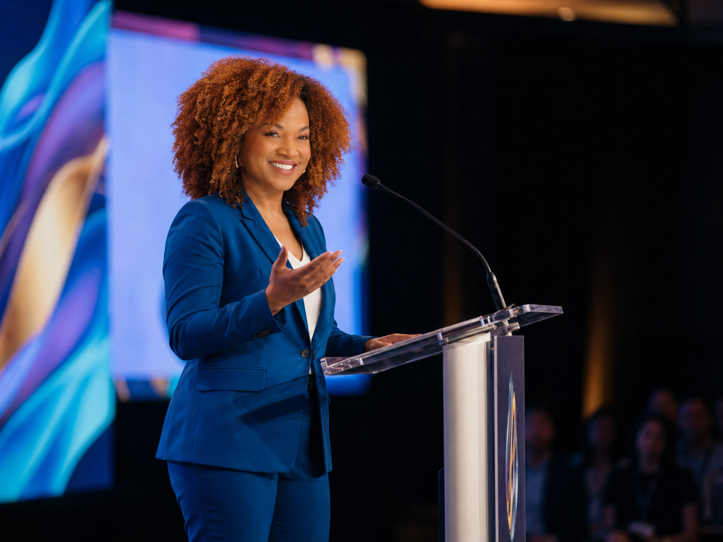 Keisha Gaddis in a blue suit speaking at a podium during a conference or event