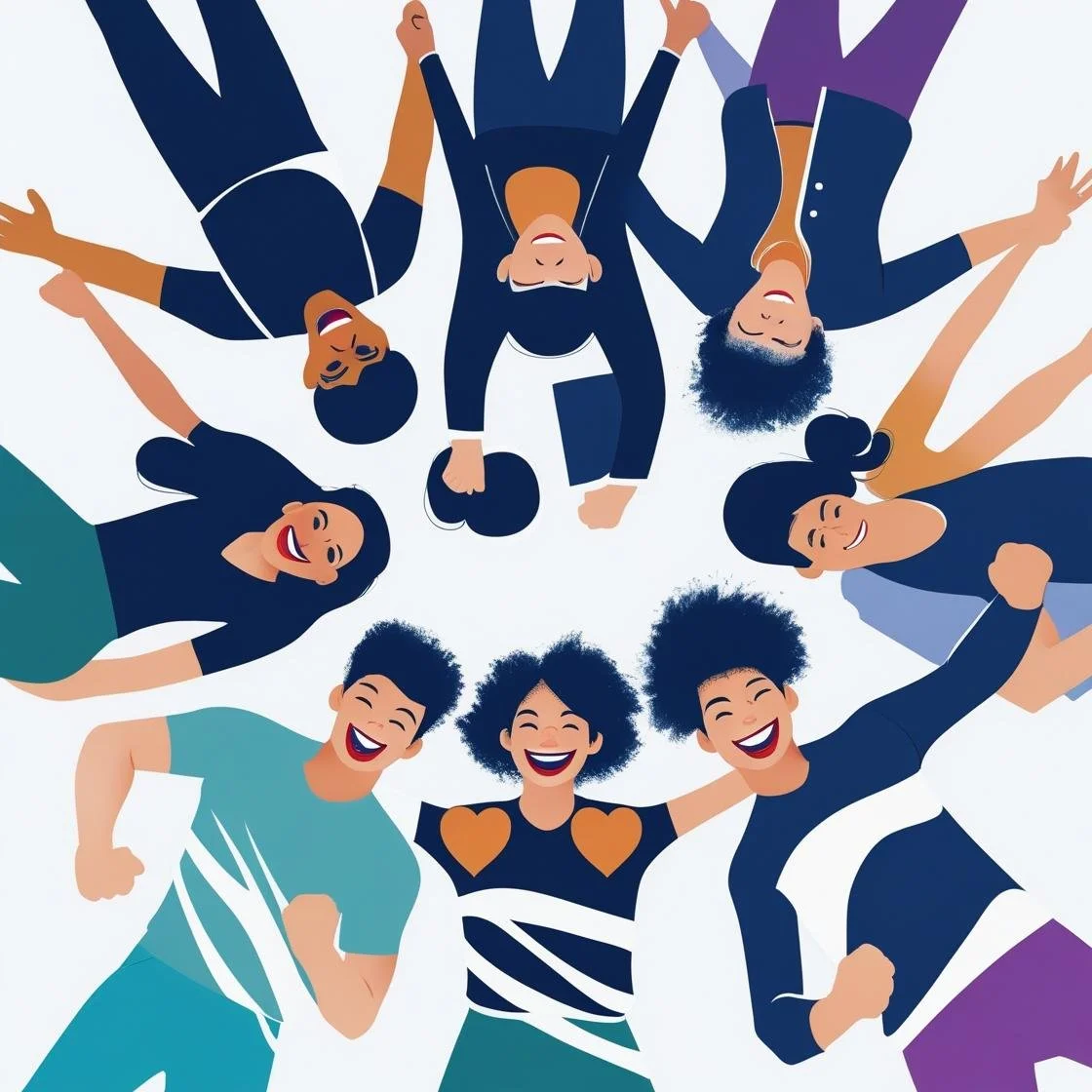 Illustration of diverse leaders and community members standing in a circle, symbolizing unity, connection, and aligned teamwork.