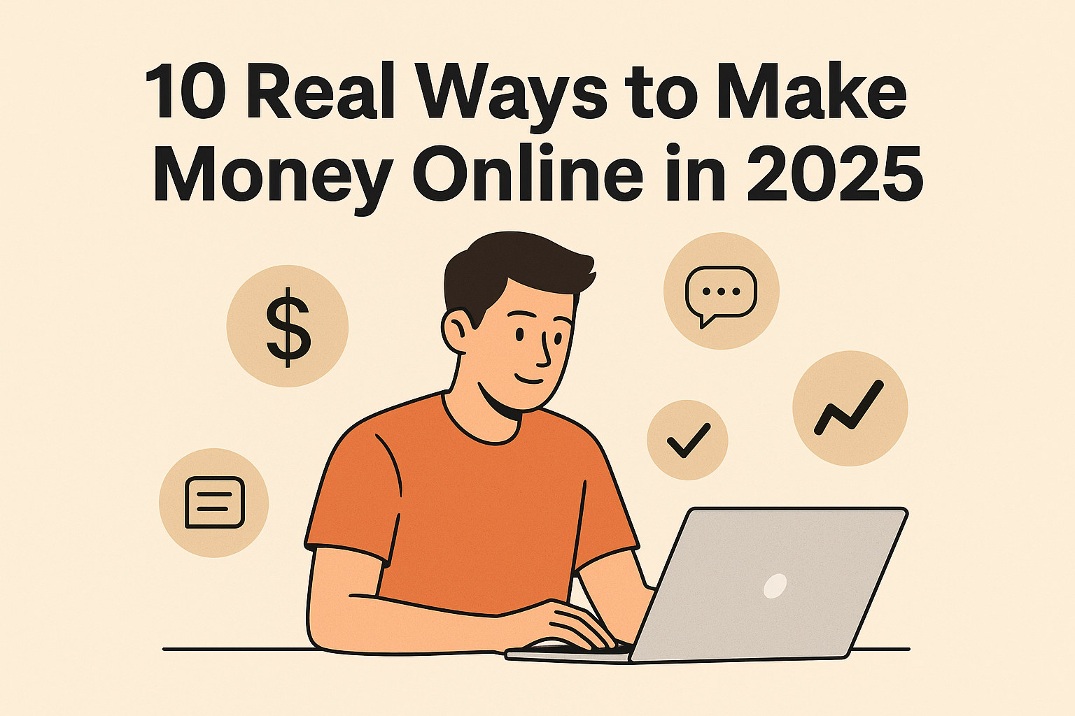Illustration of a laptop with floating icons for freelancing, e-commerce, content creation, online courses, investing, and virtual assistance, representing 10 proven ways to make money online in 2025.
