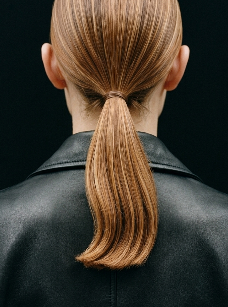 Back of a person's head with long, straight, reddish-brown hair tied in a low ponytail, wearing a black leather jacket against a dark background.