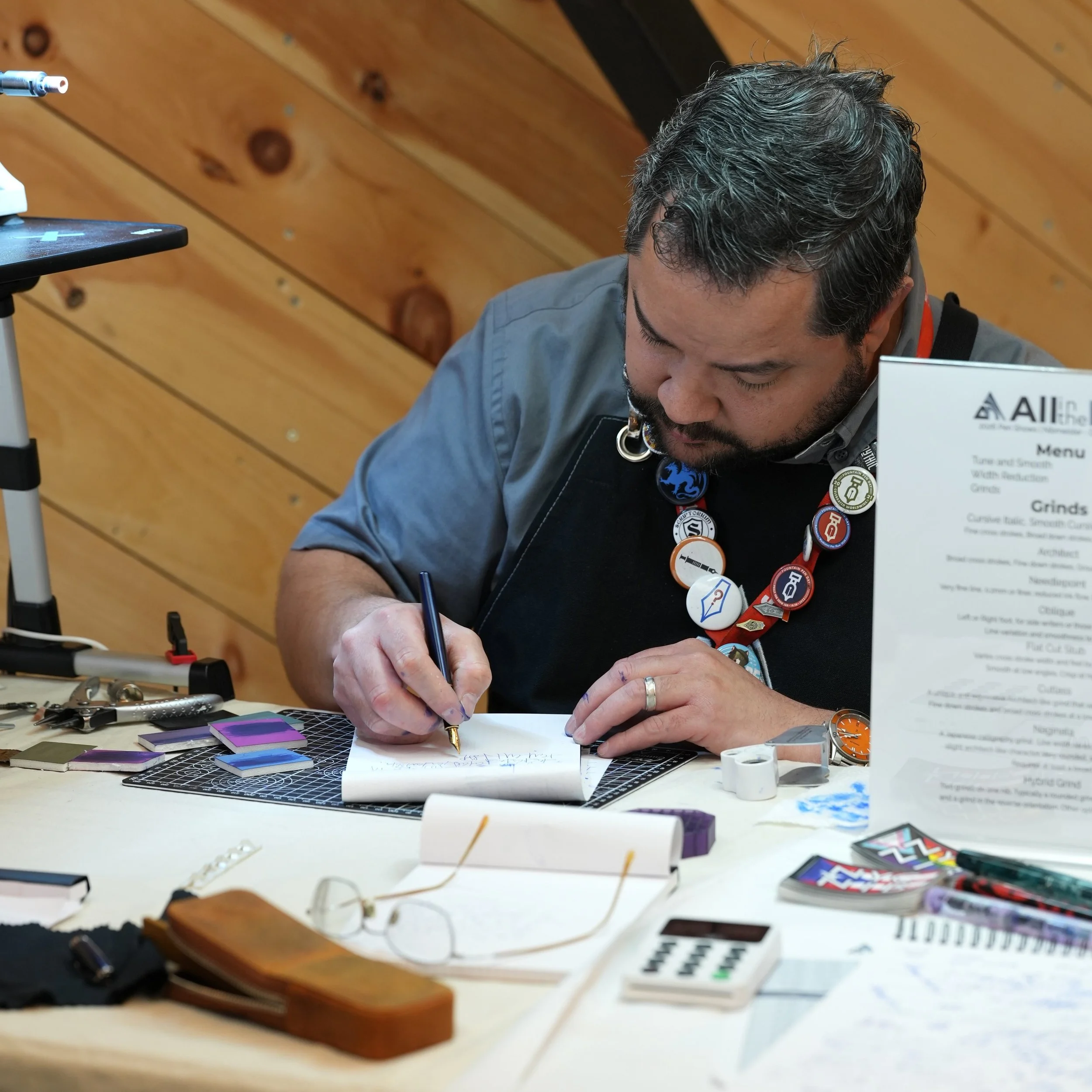 All In The Nib is here today until 7 and tomorrow from 10-6! 🖋️🌟

Even if you don't have an appointment, feel free to swing by and try out any of his grinds. We got lucky and he even brought some of his specialty stacked nibs to try out!