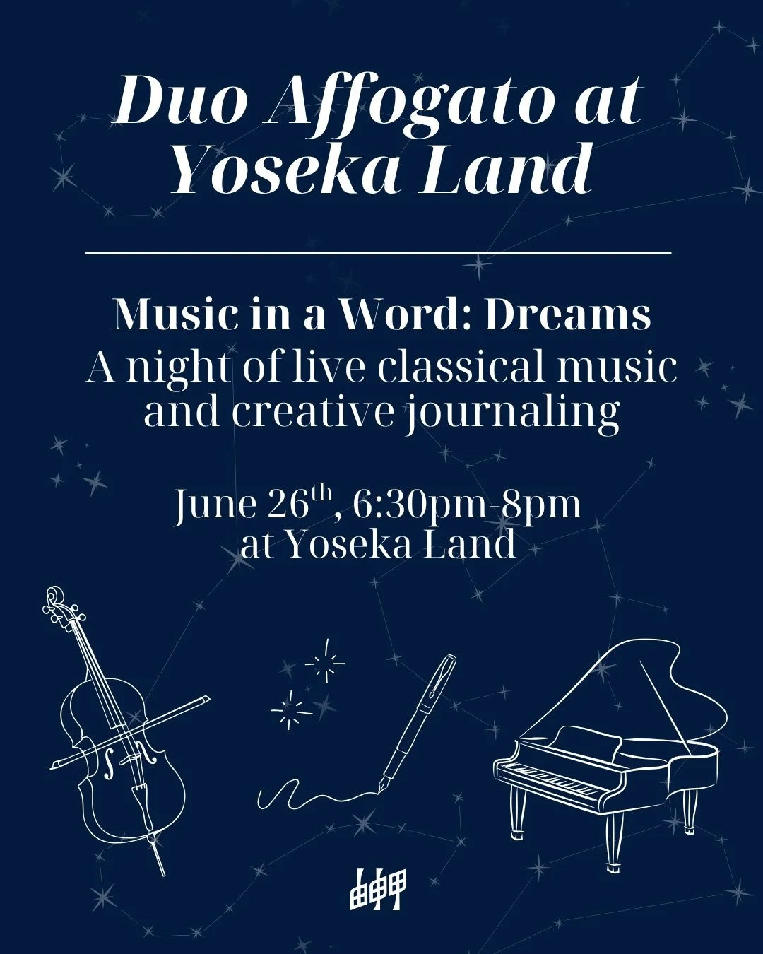 New York-based cello and piano duo Duo Affogato is bringing their Music in a Word series to Yoseka Land for a night of live classical music and creative journaling, with the theme being &ldquo;dreams&rdquo; 🌌🎻✨

Attendees are invited to journal in 