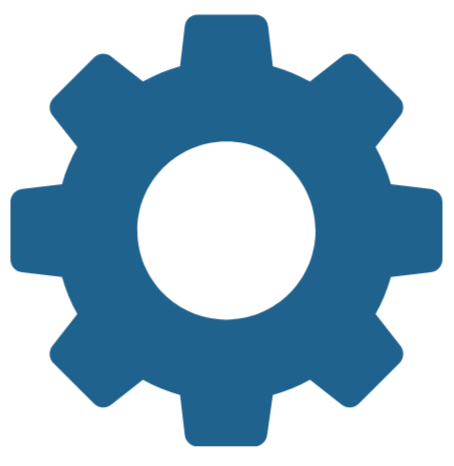 A blue gear icon on a black background.