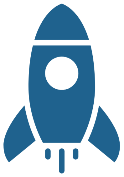 Simple graphic of a blue rocket taking off with a fire trail