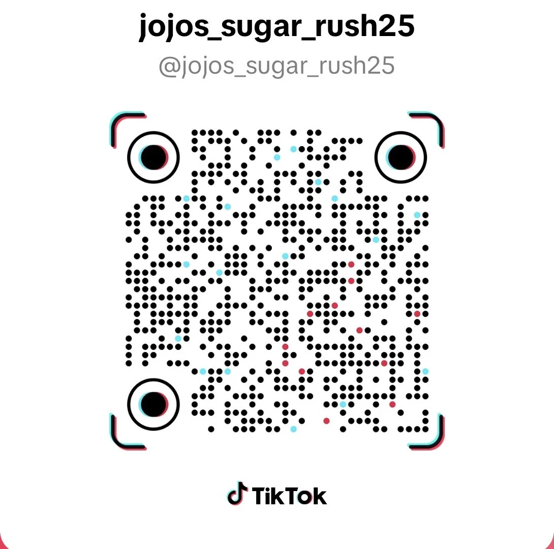 A TikTok QR code with a face drawn around it, including eyes with pupils and colorful corner accents, and the text 'jojos_sugar_rush25' and '@jojos_sugar_rush25' above the code.