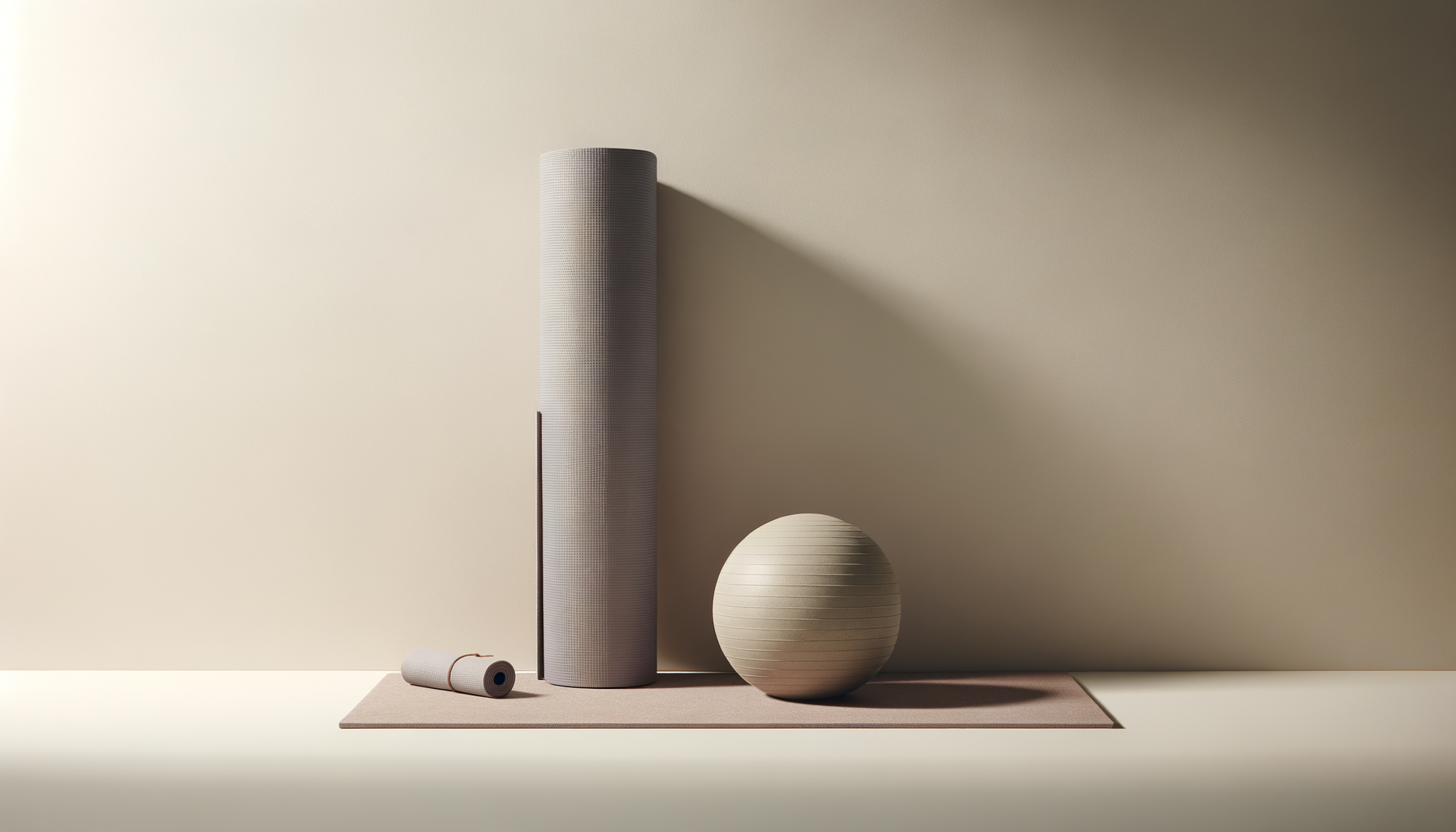 Yoga mat, foam roller, exercise ball, and a yoga block arranged on a mat in a neutral-colored room.