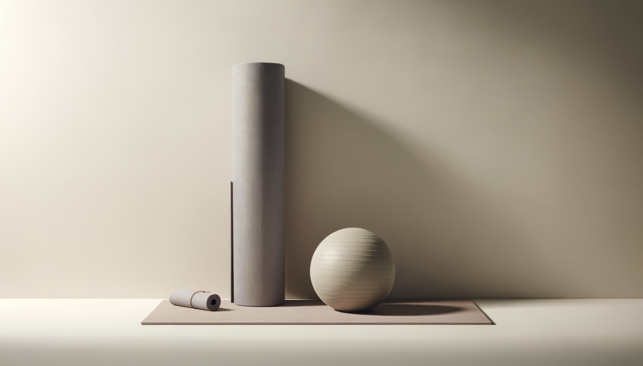 A neatly rolled yoga mat, a larger rolled mat, and a textured yoga ball arranged on a mat against a plain wall.