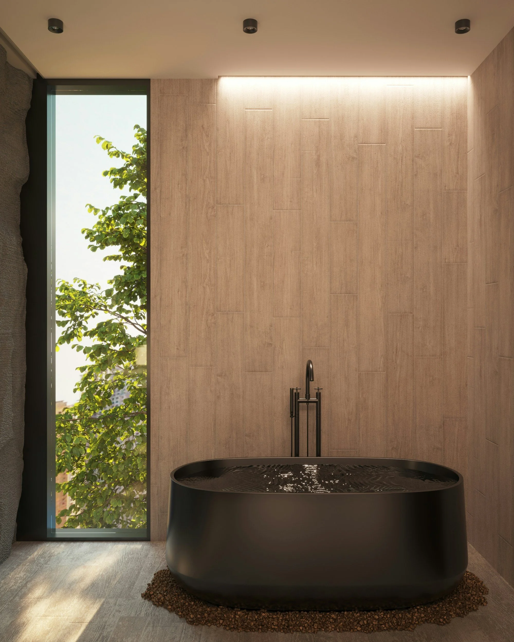 Modern bathroom with a black oval freestanding bathtub, a tall window with green foliage outside, and beige tiled walls with subtle texture, illuminated by ambient lighting.