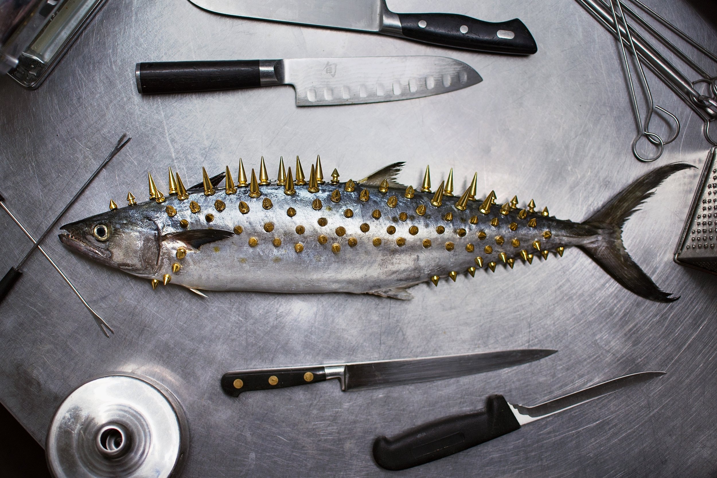 A fish decorated with gold spikes lying on a metal surface surrounded by various knives and tools.