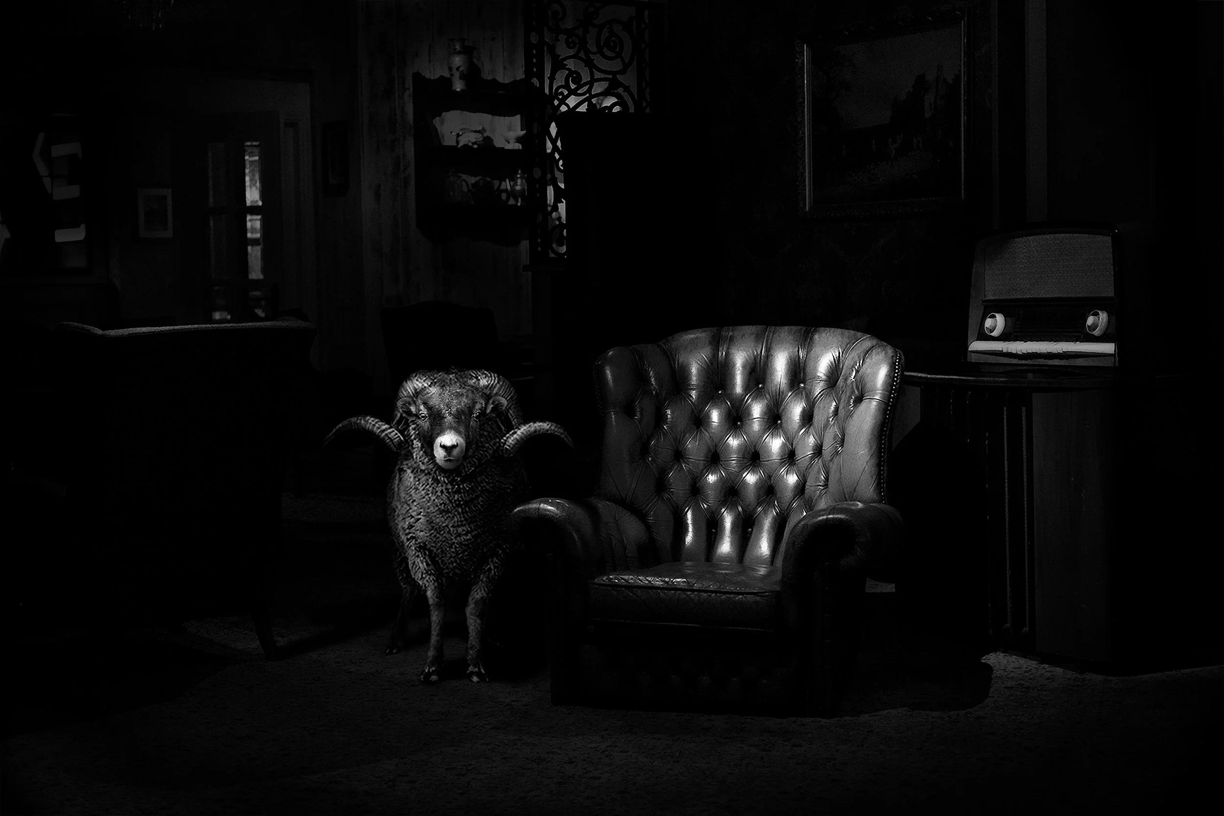 A black-and-white photo of a room with an armchair, a ram's head sculpture, a vintage radio, and various decorations on the walls.