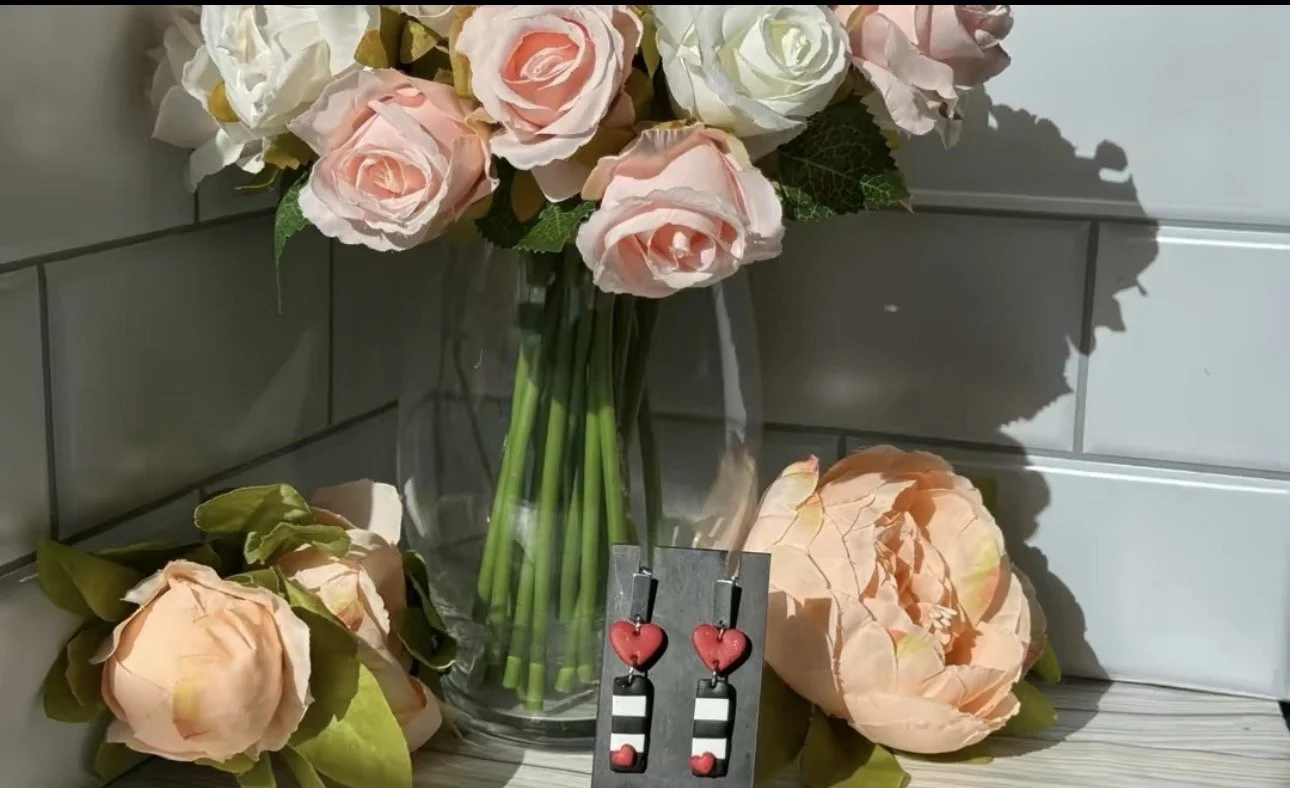 Black and White with Red Heart Dangles