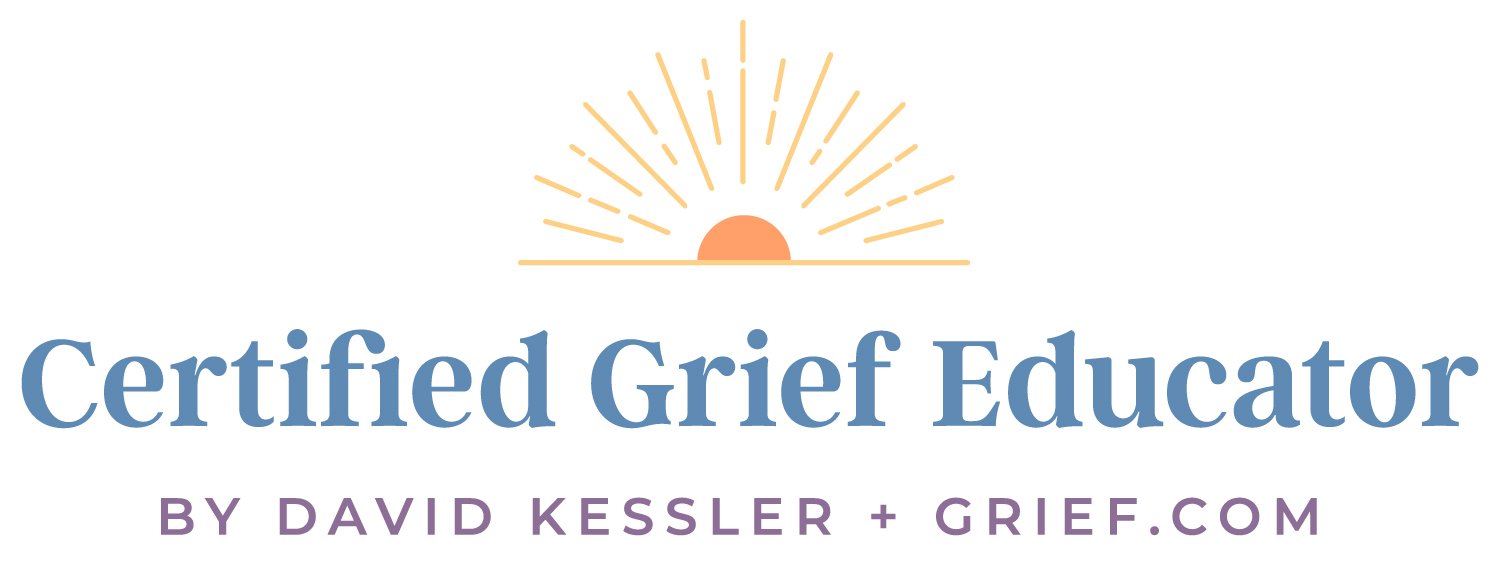 Logo for Certified Grief Educator featuring a stylized sunrise with rays above the text, 'Certified Grief Educator by David Kessler + Grief.com.'