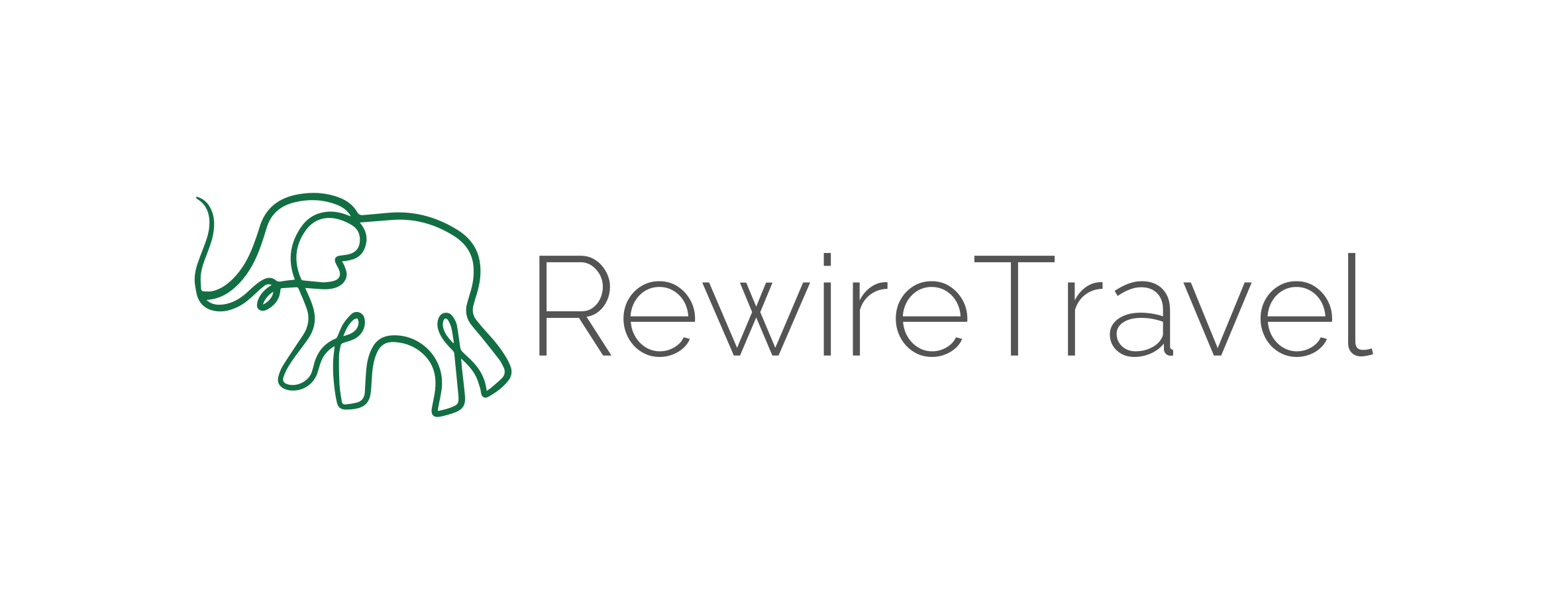 Rewire Travel logo featuring a green line drawing of an elephant head with a long trunk and the company name in black and gray text
