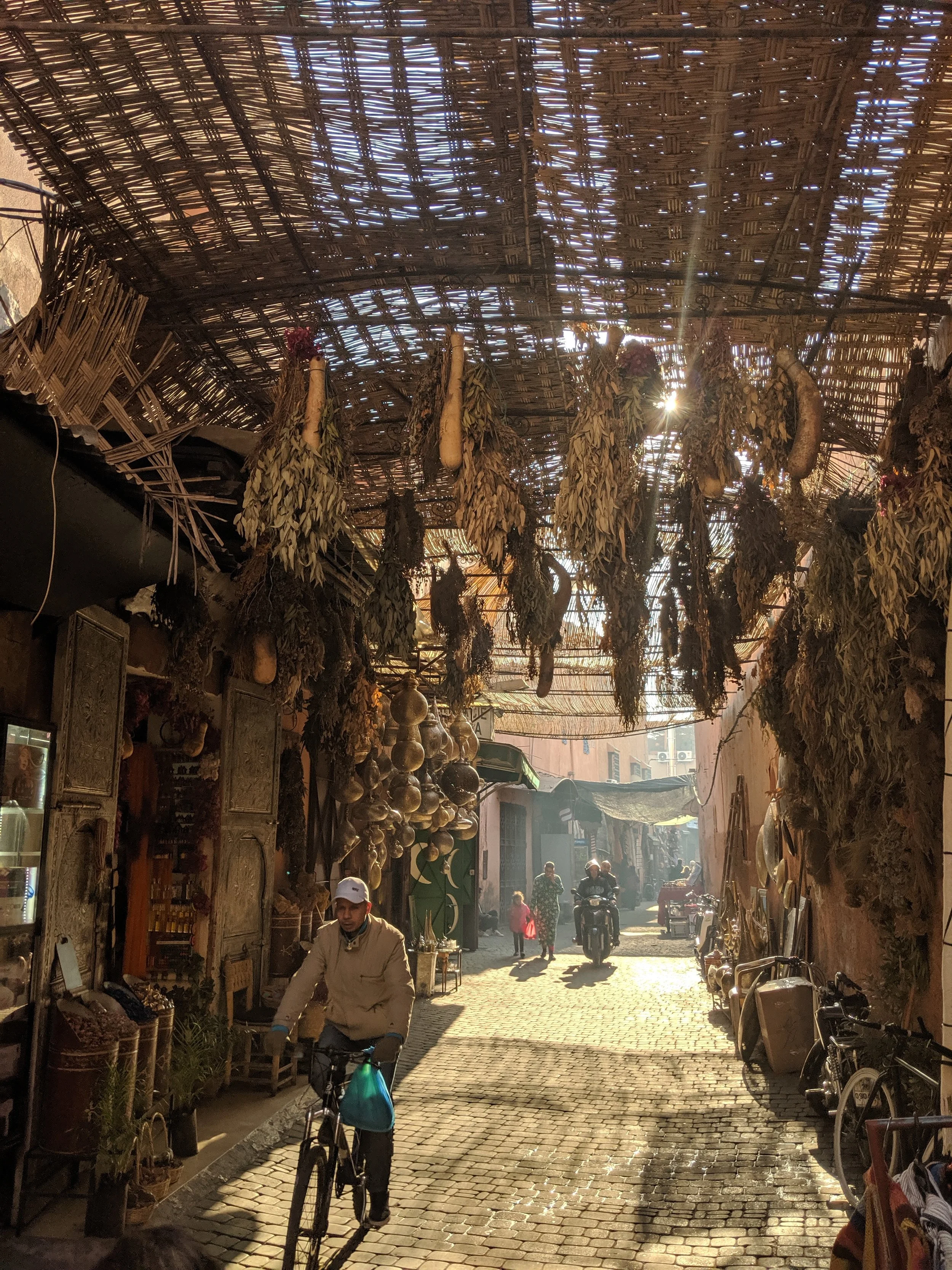 Street scene with hanging dried herbs, cycling man in foreground, pedestrians, motorcycles, and bicycles along cobblestone street under a woven thatch roof.