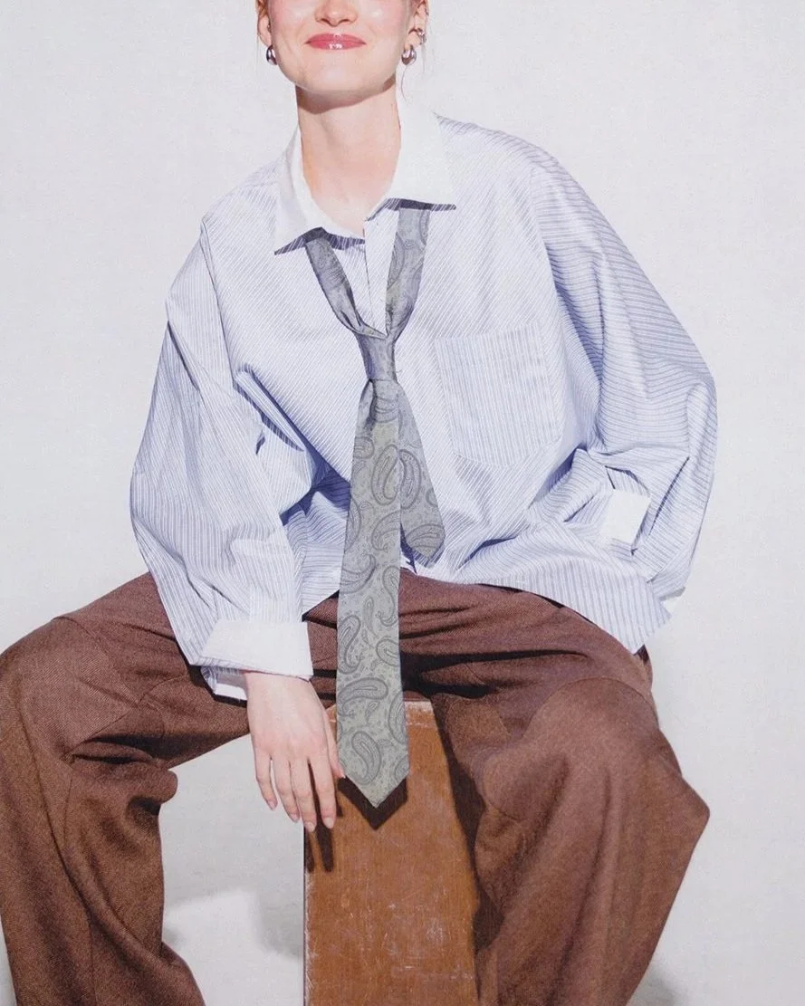 COCOON BUTTON-DOWN IN WHITE, SKY & BLACK STRIPE SHIRTING