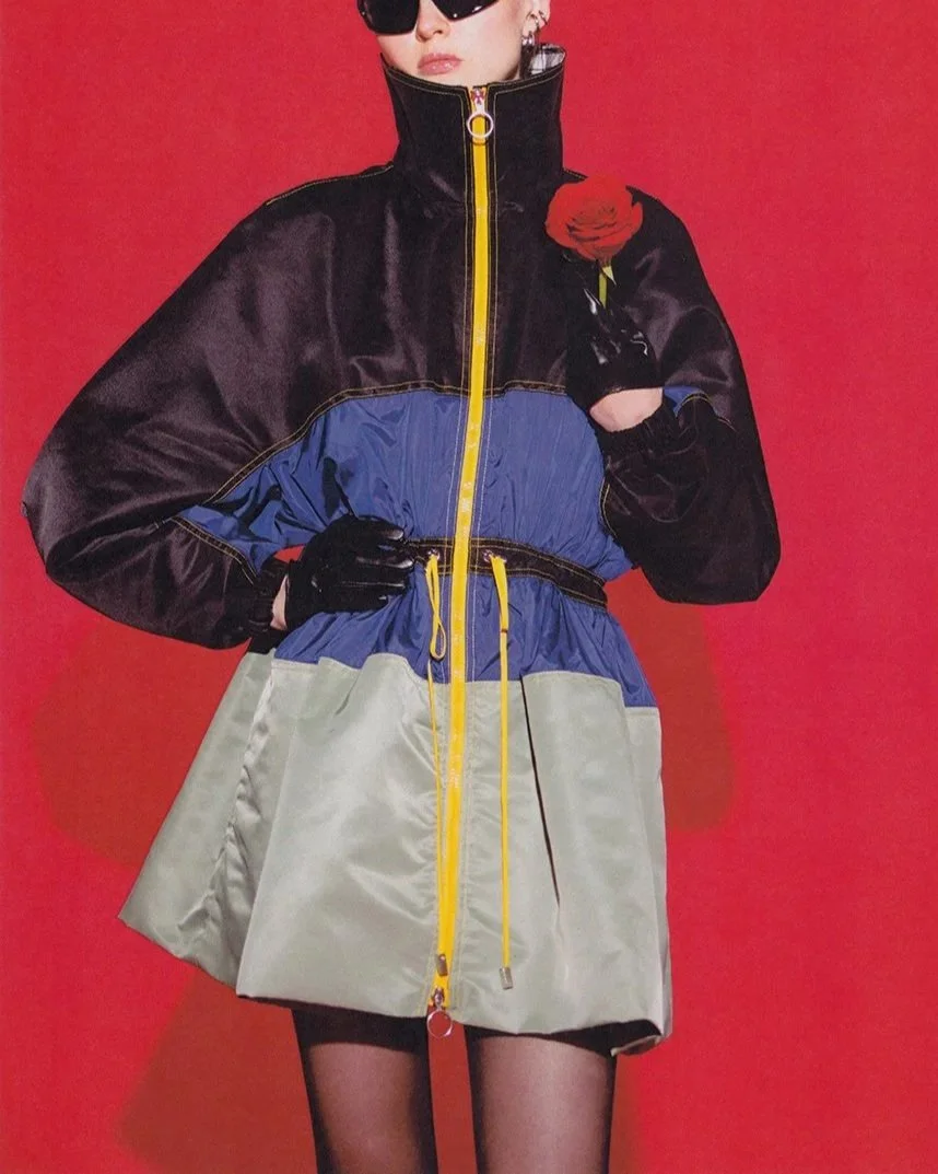 PEPLUM JACKET IN BLACK, COBALT & CELADON NYLON