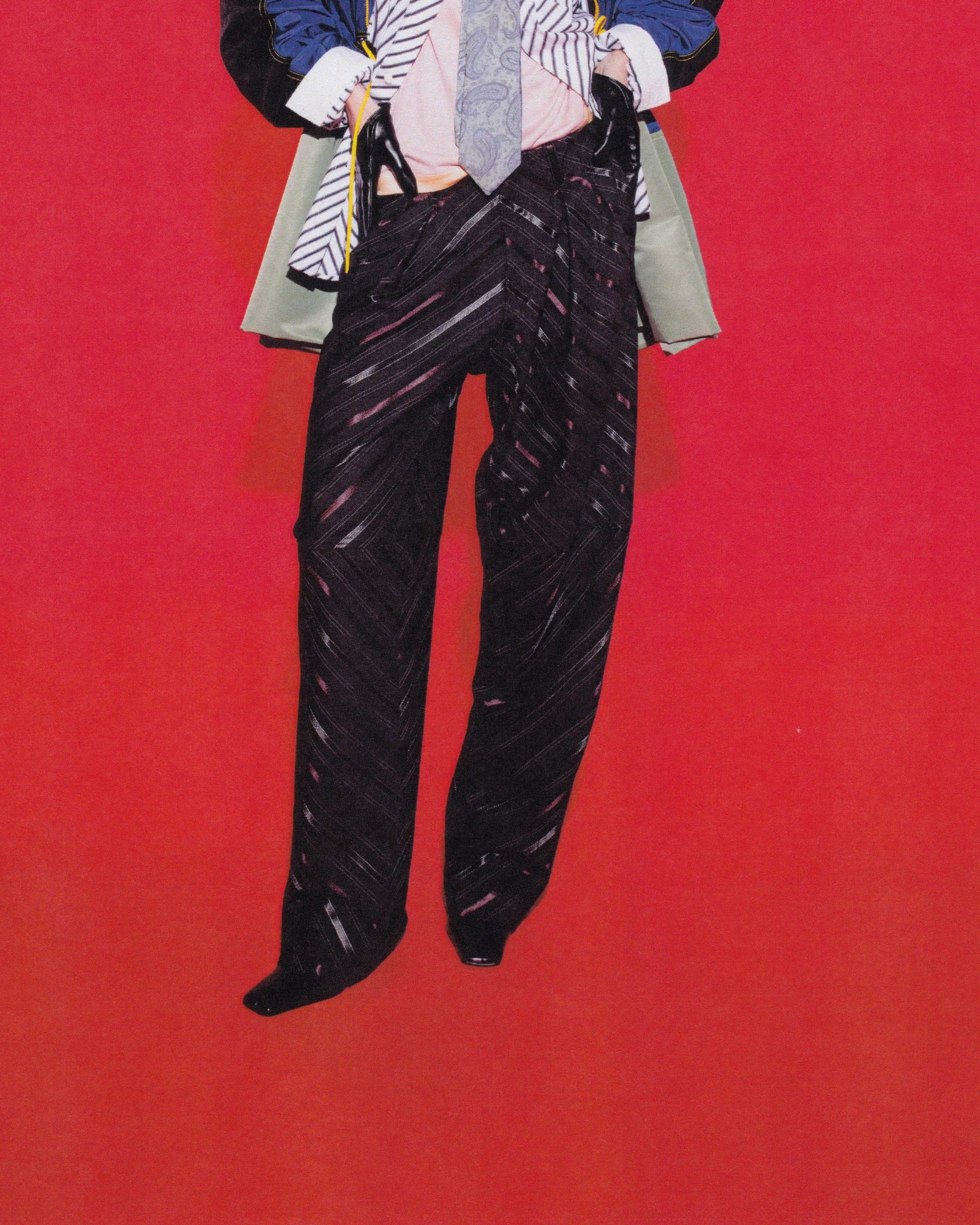 BARREL LEG TROUSER IN CHARCOAL, BLACK & CARDINAL RED STRIPE WOOL