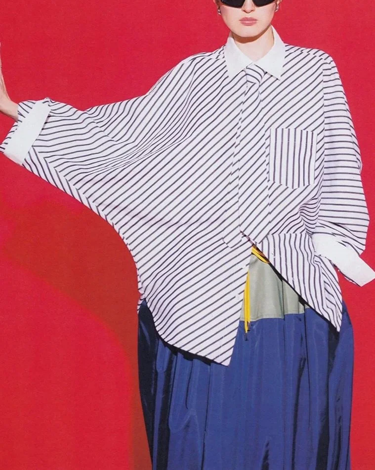 COCOON BUTTON-DOWN IN WHITE, BLACK & CHARCOAL STRIPE SHIRTING