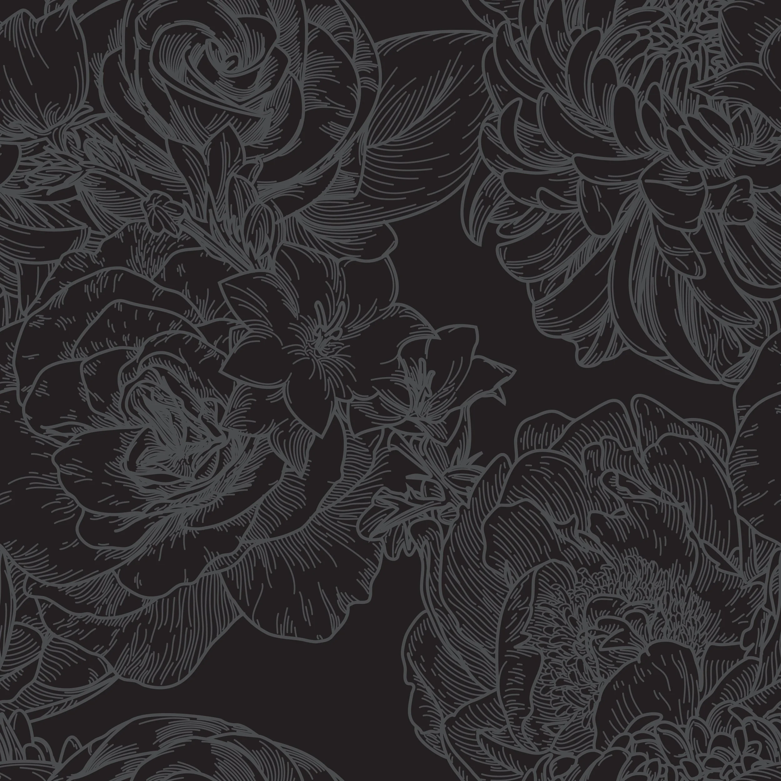 Black background with intricate gray floral line drawings of peonies and other flowers.