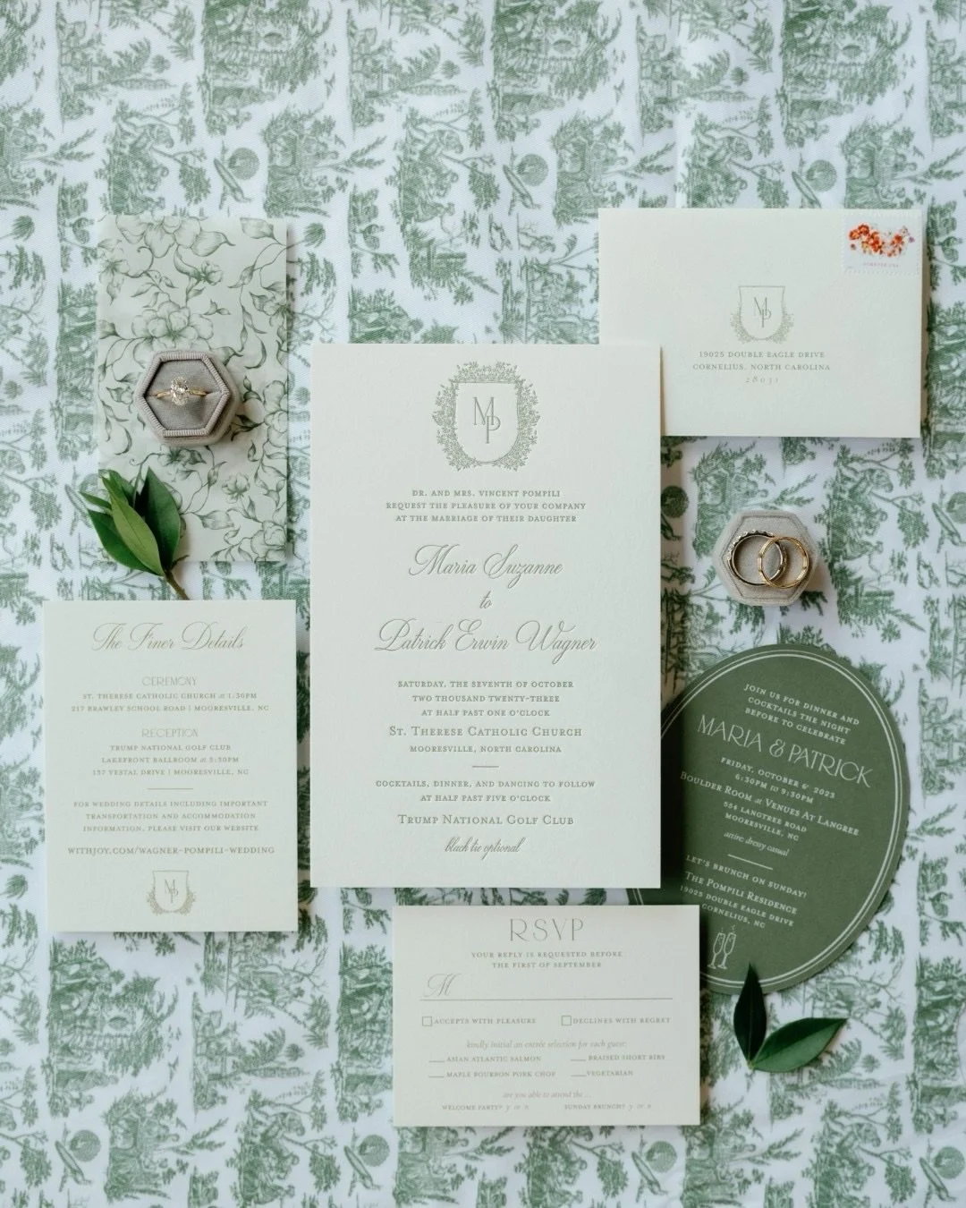 Timeless greens, classic typography, and perfect details ~ this suite is the definition of refined elegance. 🤍✨ 
⠀⠀⠀⠀⠀⠀⠀⠀⠀
From the custom monogram to the layered pieces and soft tonal palette, every element was designed to feel cohesive, elevated, 