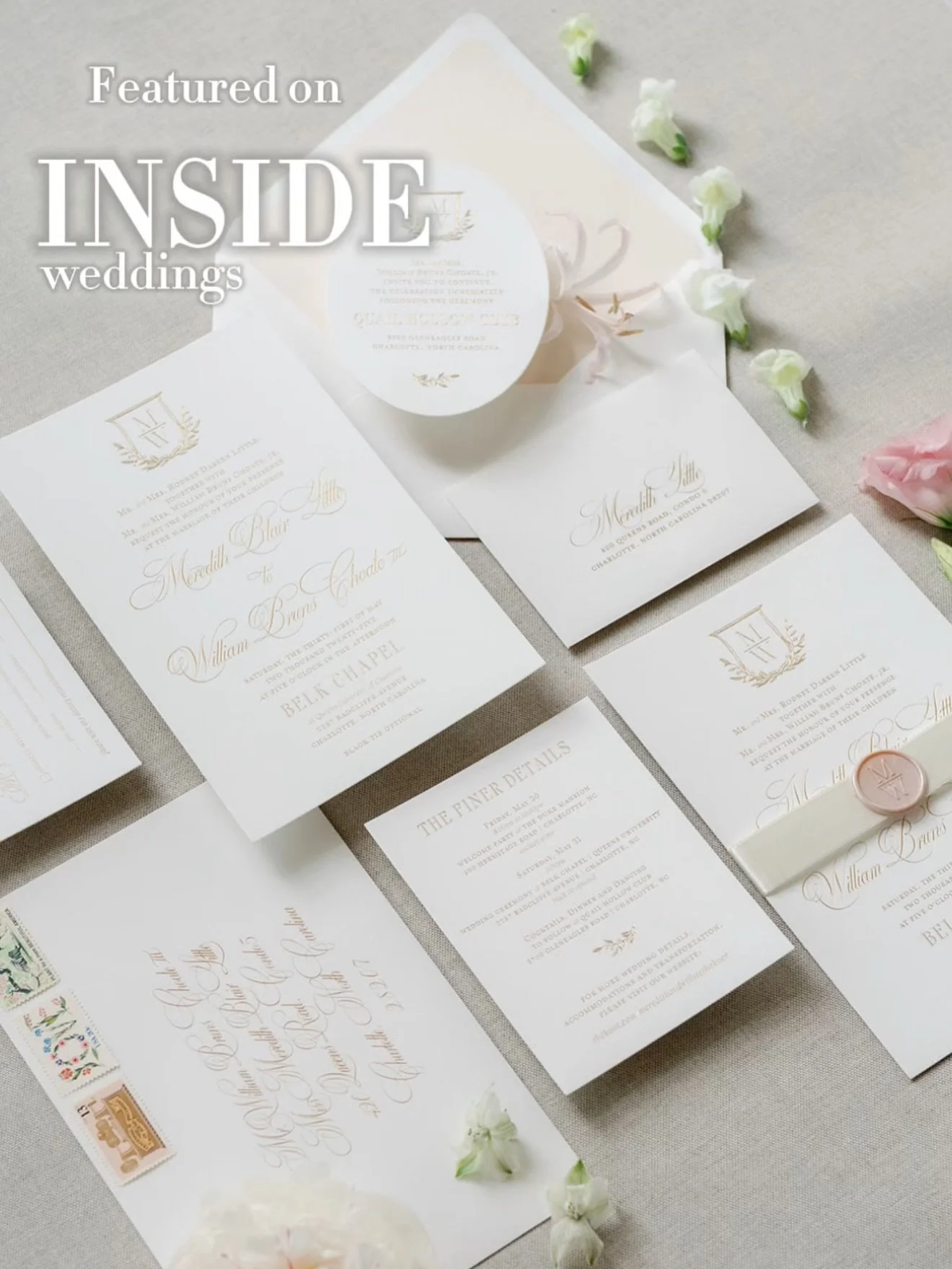 Seeing Meredith and Will&rsquo;s beautiful celebration featured online with INSIDE Weddings feels incredibly special. Designing stationery that tells our couples&rsquo; stories in an intentional, elevated way will never get old ~ and seeing every pur